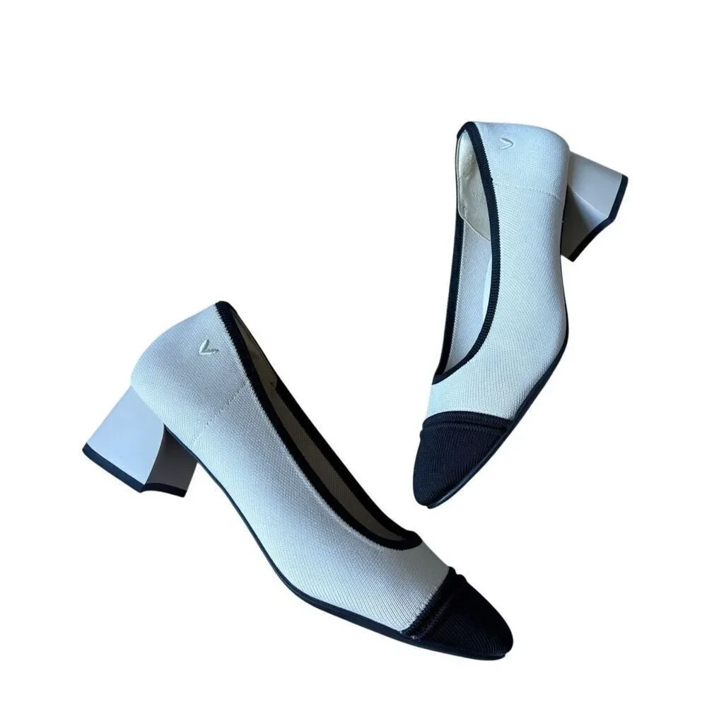 Vivaia Almond-Toe Chunky Heels Julie Pro Cream Black‎ EU 39.5 US 8.5